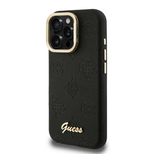 Apple iPhone 15 Pro Max Kılıf Guess Orjinal Lisanslı M-safe Şarj Özellikli Sıcak Baskılı Yazı Logolu Kamera Standlı PU Deri Peony Kapak - 6