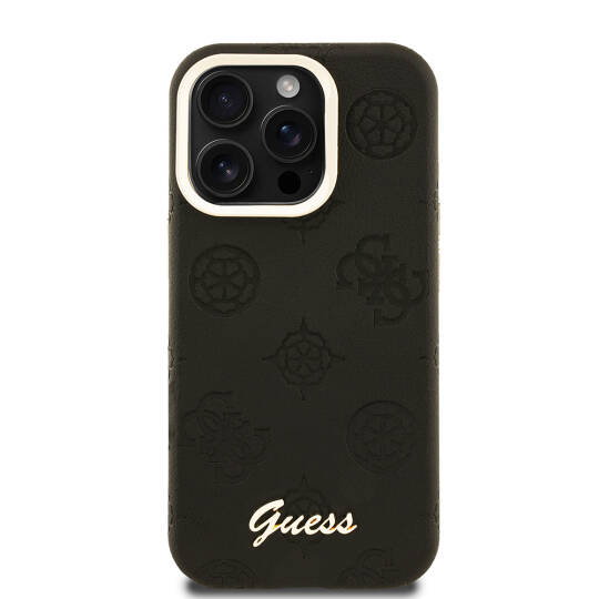 Apple iPhone 15 Pro Max Kılıf Guess Orjinal Lisanslı M-safe Şarj Özellikli Sıcak Baskılı Yazı Logolu Kamera Standlı PU Deri Peony Kapak - 7