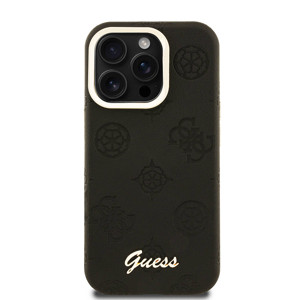 Apple iPhone 15 Pro Max Kılıf Guess Orjinal Lisanslı M-safe Şarj Özellikli Sıcak Baskılı Yazı Logolu Kamera Standlı PU Deri Peony Kapak - 7