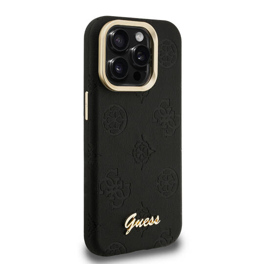Apple iPhone 15 Pro Max Kılıf Guess Orjinal Lisanslı M-safe Şarj Özellikli Sıcak Baskılı Yazı Logolu Kamera Standlı PU Deri Peony Kapak - 8