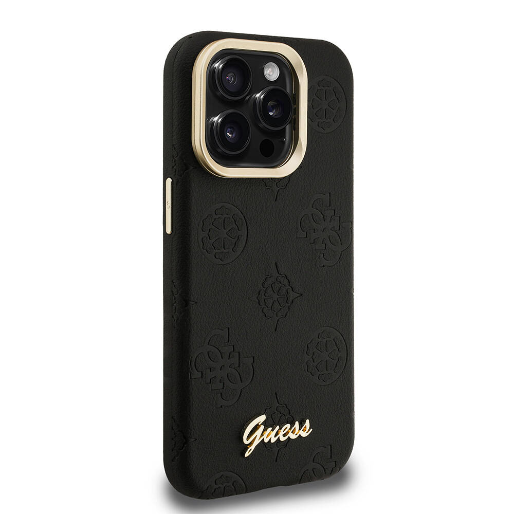 Apple iPhone 15 Pro Max Kılıf Guess Orjinal Lisanslı M-safe Şarj Özellikli Sıcak Baskılı Yazı Logolu Kamera Standlı PU Deri Peony Kapak - 8