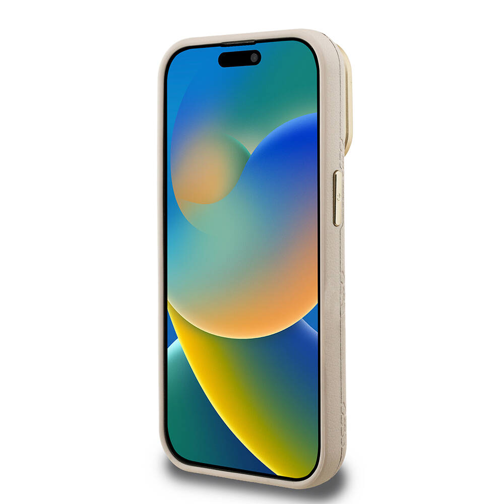Apple iPhone 15 Pro Max Kılıf Guess Orjinal Lisanslı M-safe Şarj Özellikli Sıcak Baskılı Yazı Logolu Kamera Standlı PU Deri Peony Kapak - 16