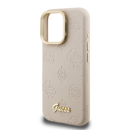 Apple iPhone 15 Pro Max Kılıf Guess Orjinal Lisanslı M-safe Şarj Özellikli Sıcak Baskılı Yazı Logolu Kamera Standlı PU Deri Peony Kapak - 17