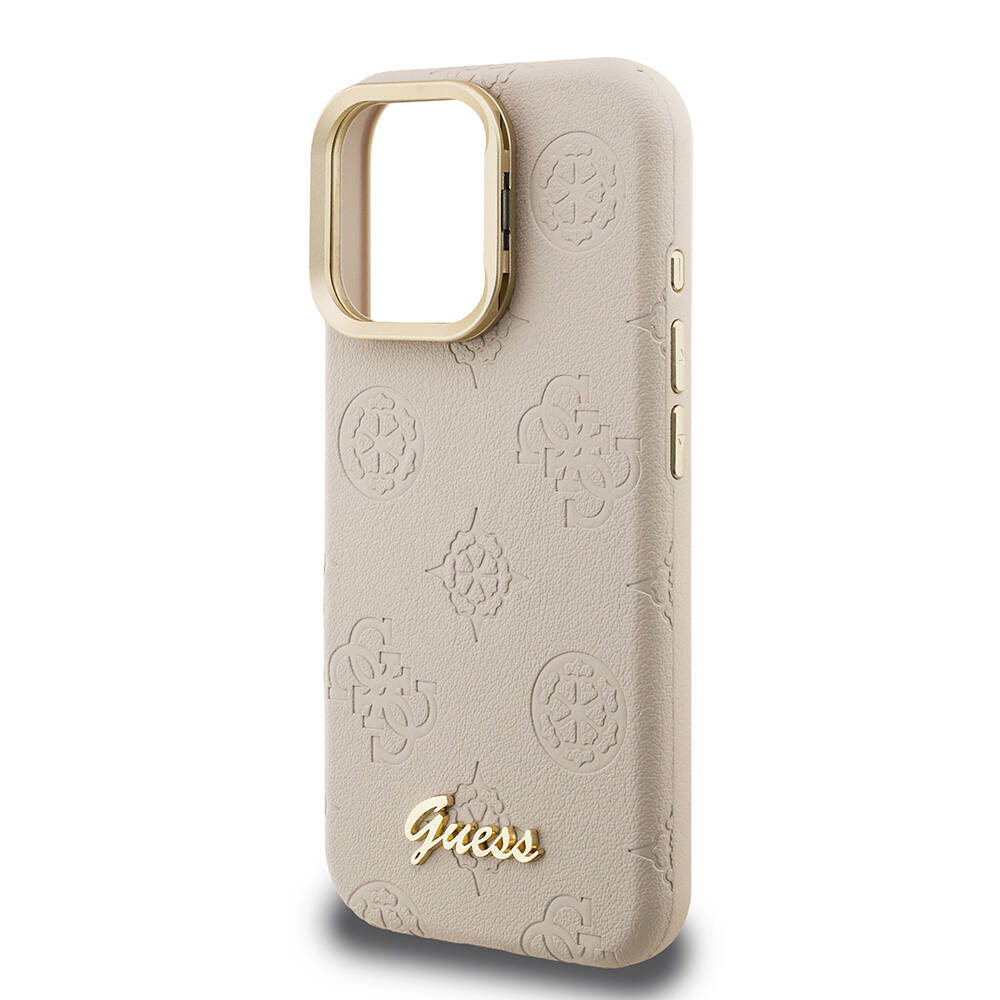 Apple iPhone 15 Pro Max Kılıf Guess Orjinal Lisanslı M-safe Şarj Özellikli Sıcak Baskılı Yazı Logolu Kamera Standlı PU Deri Peony Kapak - 17