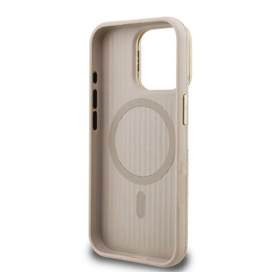 Apple iPhone 15 Pro Max Kılıf Guess Orjinal Lisanslı M-safe Şarj Özellikli Sıcak Baskılı Yazı Logolu Kamera Standlı PU Deri Peony Kapak - 18