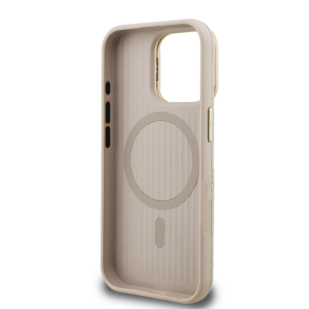 Apple iPhone 15 Pro Max Kılıf Guess Orjinal Lisanslı M-safe Şarj Özellikli Sıcak Baskılı Yazı Logolu Kamera Standlı PU Deri Peony Kapak - 18