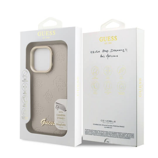Apple iPhone 15 Pro Max Kılıf Guess Orjinal Lisanslı M-safe Şarj Özellikli Sıcak Baskılı Yazı Logolu Kamera Standlı PU Deri Peony Kapak - 19
