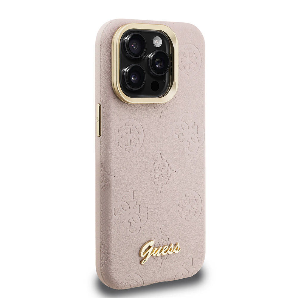 Apple iPhone 15 Pro Max Kılıf Guess Orjinal Lisanslı M-safe Şarj Özellikli Sıcak Baskılı Yazı Logolu Kamera Standlı PU Deri Peony Kapak - 22