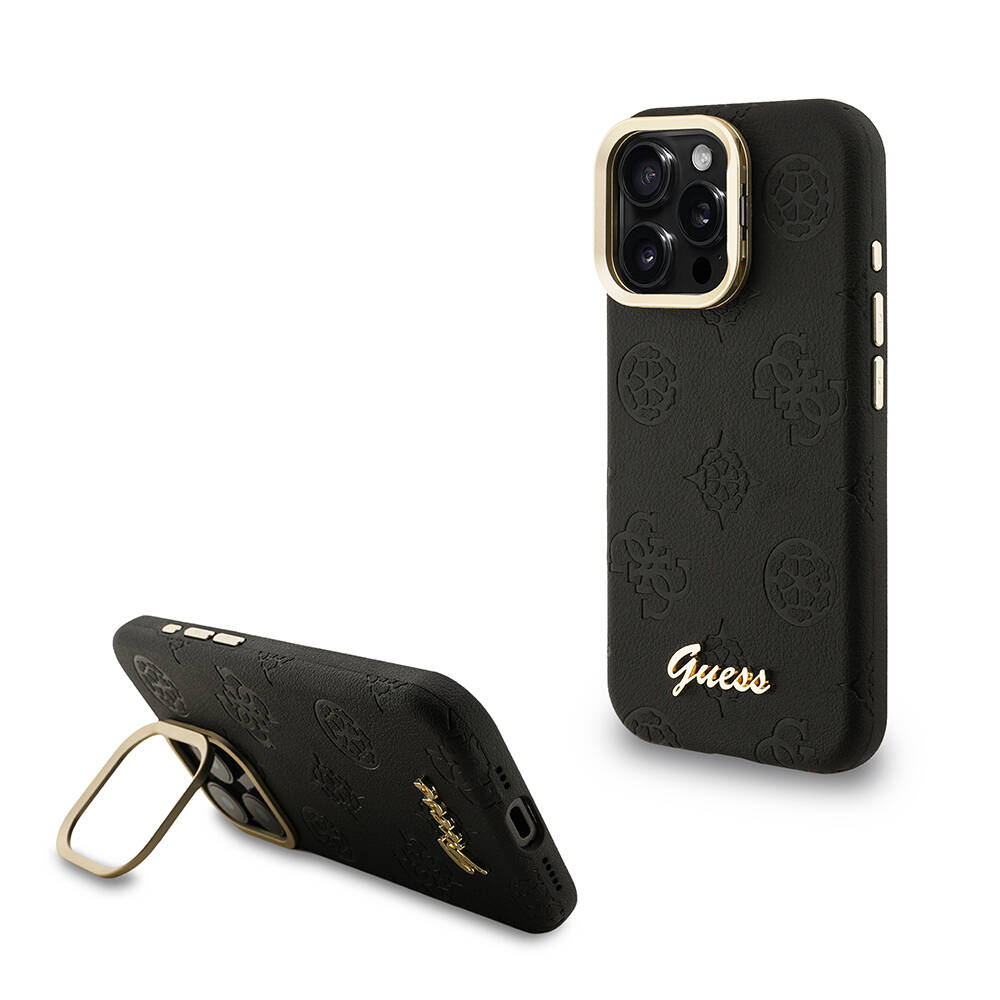 Apple iPhone 15 Pro Max Kılıf Guess Orjinal Lisanslı M-safe Şarj Özellikli Sıcak Baskılı Yazı Logolu Kamera Standlı PU Deri Peony Kapak - 4