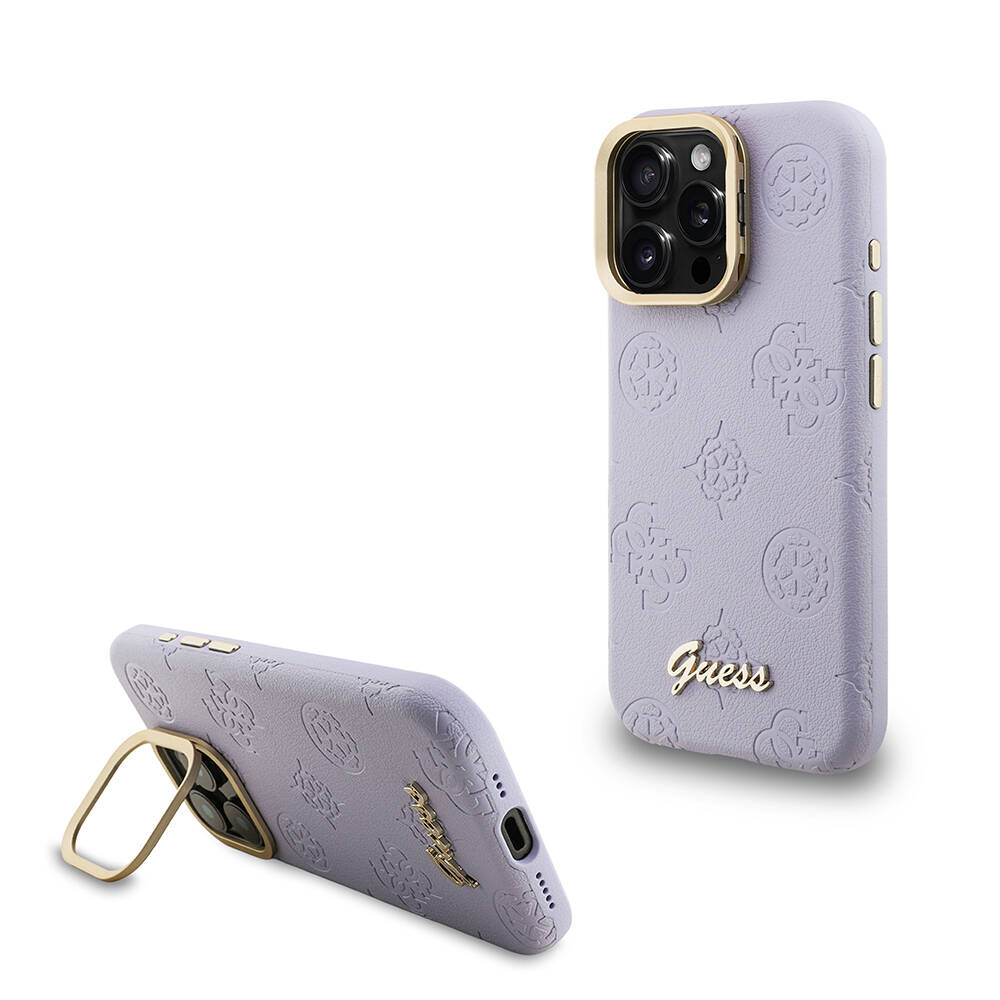 Apple iPhone 15 Pro Max Kılıf Guess Orjinal Lisanslı M-safe Şarj Özellikli Sıcak Baskılı Yazı Logolu Kamera Standlı PU Deri Peony Kapak - 1