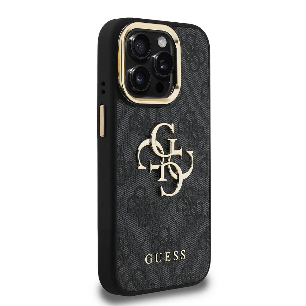 Apple iPhone 15 Pro Max Kılıf Guess Orjinal Lisanslı PU Deri 4G Desenli Metal Büyük 4G ve Yazı Logolu Kamera Standlı Kapak - 15