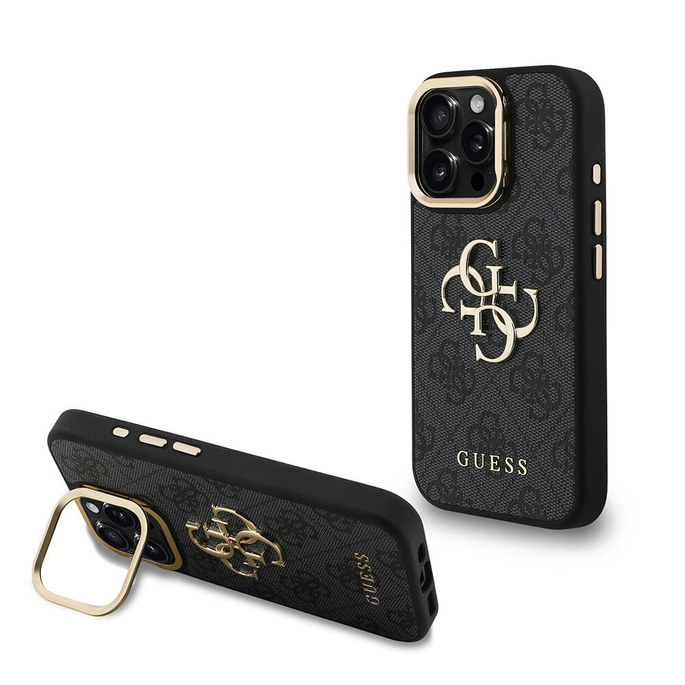 Apple iPhone 15 Pro Max Kılıf Guess Orjinal Lisanslı PU Deri 4G Desenli Metal Büyük 4G ve Yazı Logolu Kamera Standlı Kapak - 4