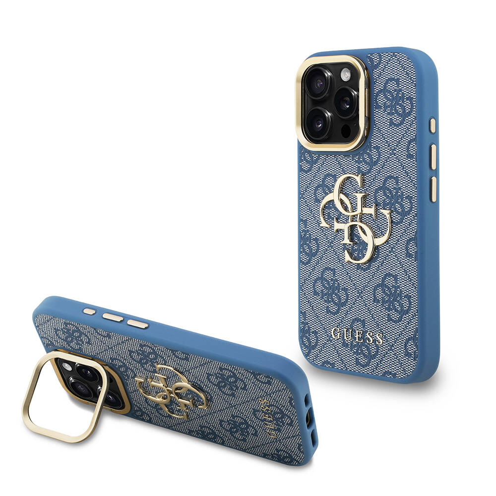 Apple iPhone 15 Pro Max Kılıf Guess Orjinal Lisanslı PU Deri 4G Desenli Metal Büyük 4G ve Yazı Logolu Kamera Standlı Kapak - 1
