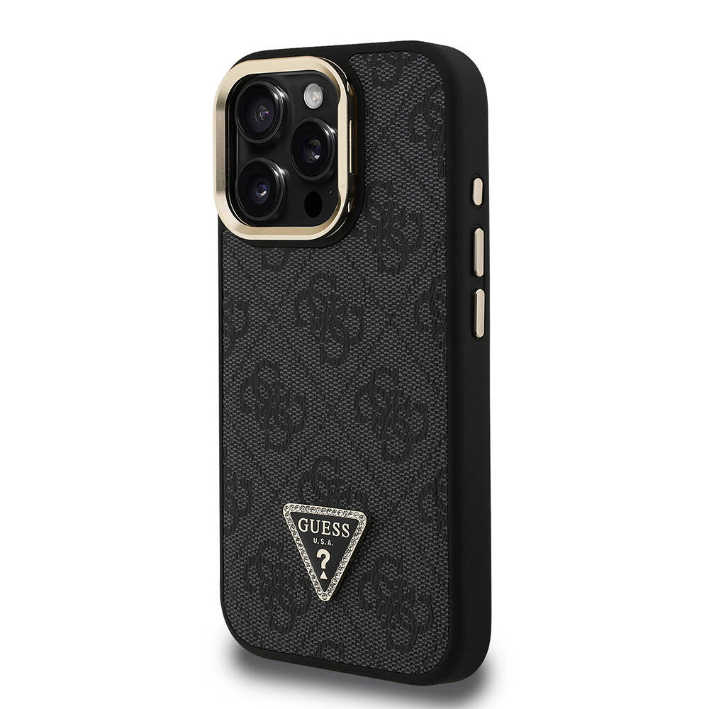 Apple iPhone 15 Pro Max Kılıf Guess Orjinal Lisanslı PU Deri Taşlı Üçgen Logo 4G Desenli Kamera Standlı Kapak - 5
