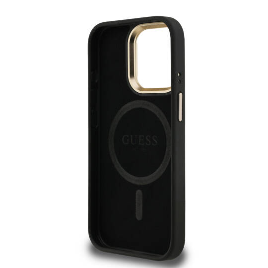 Apple iPhone 15 Pro Max Kılıf Guess Orjinal Lisanslı PU Deri Taşlı Üçgen Logo 4G Desenli Kamera Standlı Kapak - 10