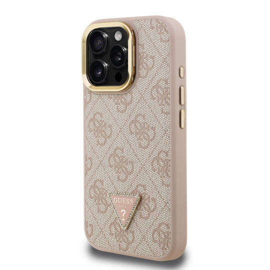 Apple iPhone 15 Pro Max Kılıf Guess Orjinal Lisanslı PU Deri Taşlı Üçgen Logo 4G Desenli Kamera Standlı Kapak - 12