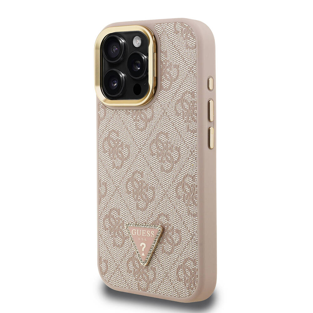 Apple iPhone 15 Pro Max Kılıf Guess Orjinal Lisanslı PU Deri Taşlı Üçgen Logo 4G Desenli Kamera Standlı Kapak - 12