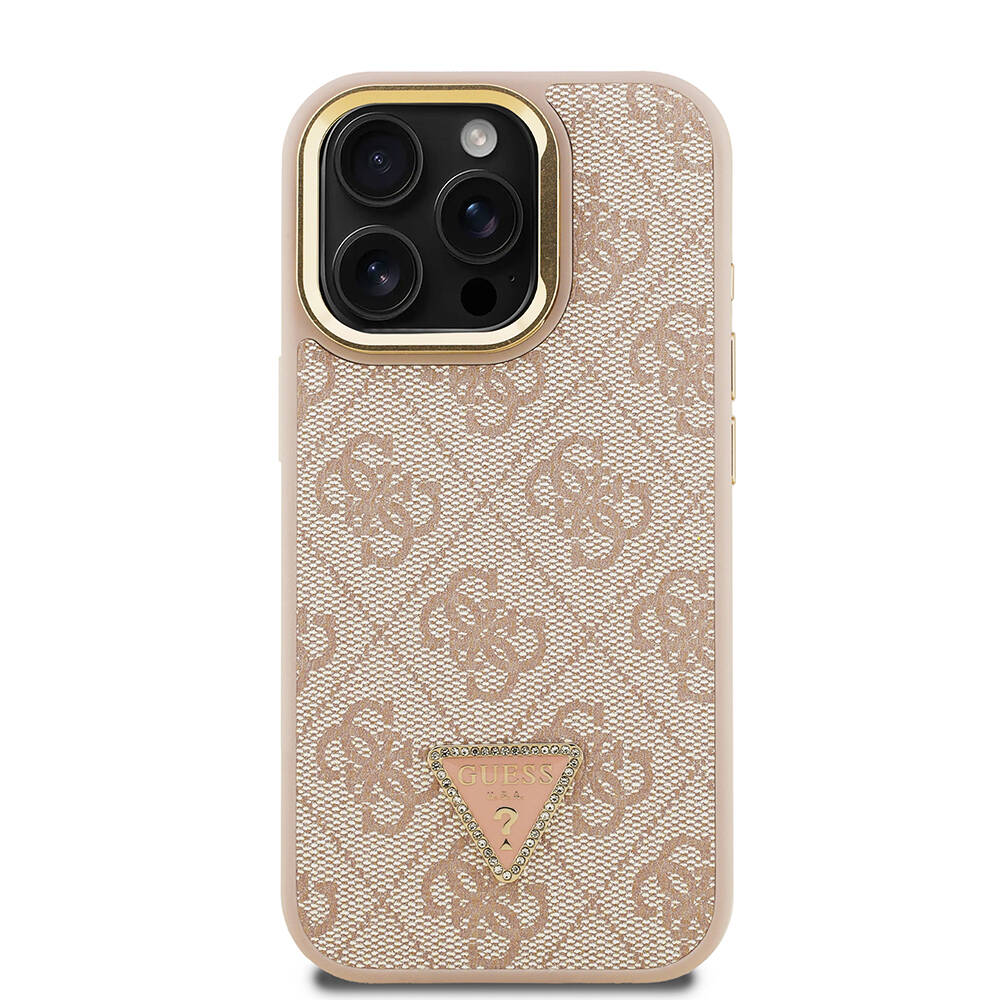 Apple iPhone 15 Pro Max Kılıf Guess Orjinal Lisanslı PU Deri Taşlı Üçgen Logo 4G Desenli Kamera Standlı Kapak - 13