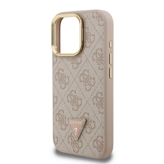 Apple iPhone 15 Pro Max Kılıf Guess Orjinal Lisanslı PU Deri Taşlı Üçgen Logo 4G Desenli Kamera Standlı Kapak - 16