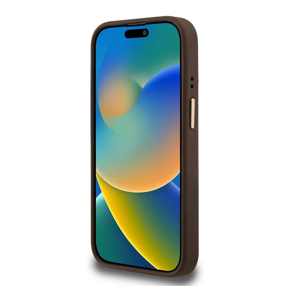 Apple iPhone 15 Pro Max Kılıf Guess Orjinal Lisanslı PU Deri Taşlı Üçgen Logo 4G Desenli Kamera Standlı Kapak - 22