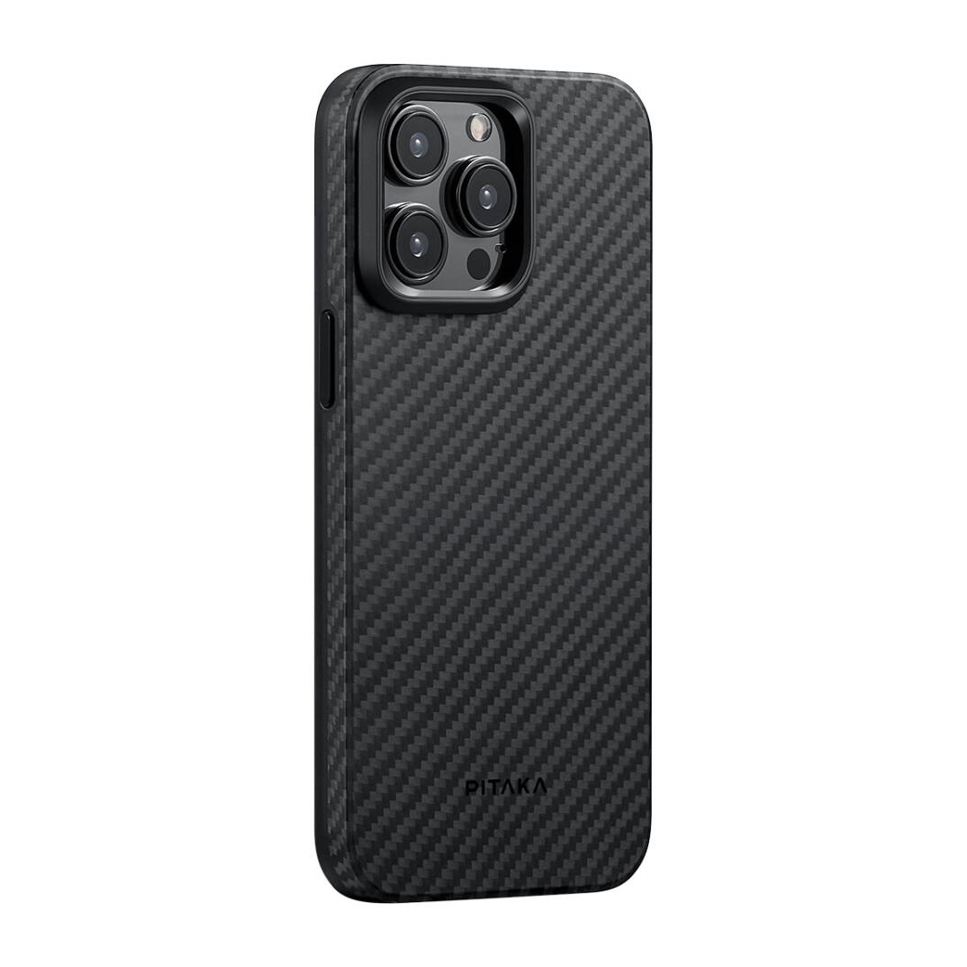 Apple iPhone 15 Pro Max Kılıf M-safe Şarj Özellikli 1500D Aramid Karbon Fiber Pitaka Military-Grade Classic Serisi Black-Grey Twill Kapak - 3