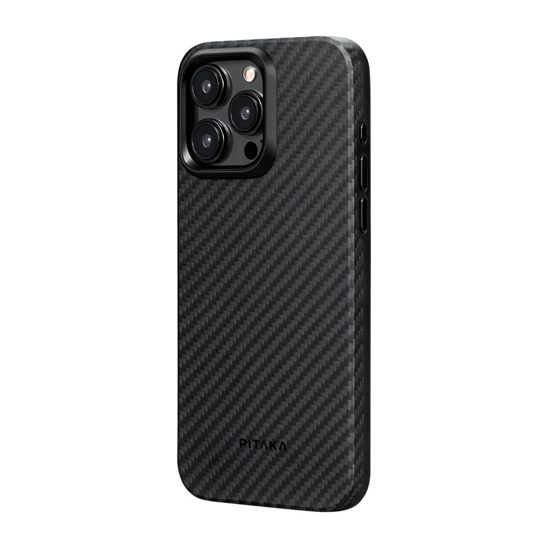 Apple iPhone 15 Pro Max Kılıf M-safe Şarj Özellikli 1500D Aramid Karbon Fiber Pitaka Military-Grade Classic Serisi Black-Grey Twill Kapak - 4