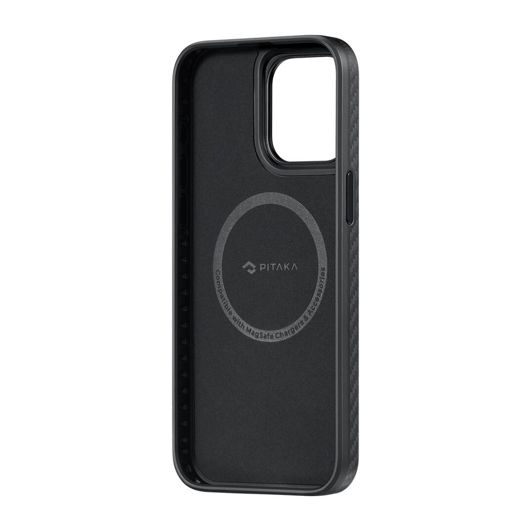 Apple iPhone 15 Pro Max Kılıf M-safe Şarj Özellikli 1500D Aramid Karbon Fiber Pitaka Military-Grade Classic Serisi Black-Grey Twill Kapak - 6