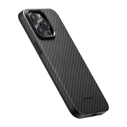 Apple iPhone 15 Pro Max Kılıf M-safe Şarj Özellikli 1500D Aramid Karbon Fiber Pitaka Military-Grade Classic Serisi Black-Grey Twill Kapak - 11