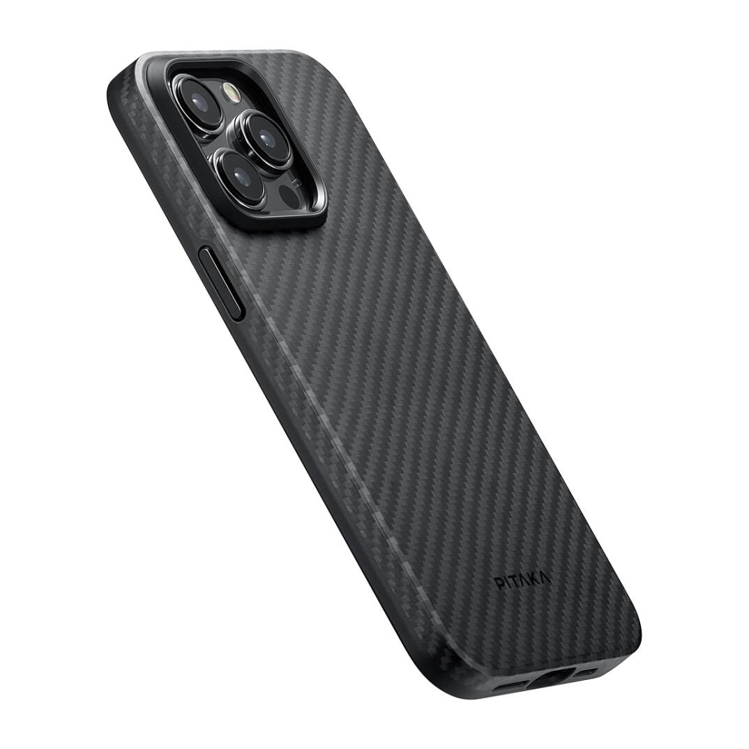 Apple iPhone 15 Pro Max Kılıf M-safe Şarj Özellikli 1500D Aramid Karbon Fiber Pitaka Military-Grade Classic Serisi Black-Grey Twill Kapak - 11