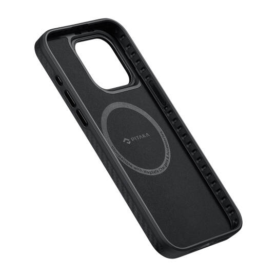 Apple iPhone 15 Pro Max Kılıf M-safe Şarj Özellikli 1500D Aramid Karbon Fiber Pitaka Military-Grade Classic Serisi Black-Grey Twill Kapak - 12