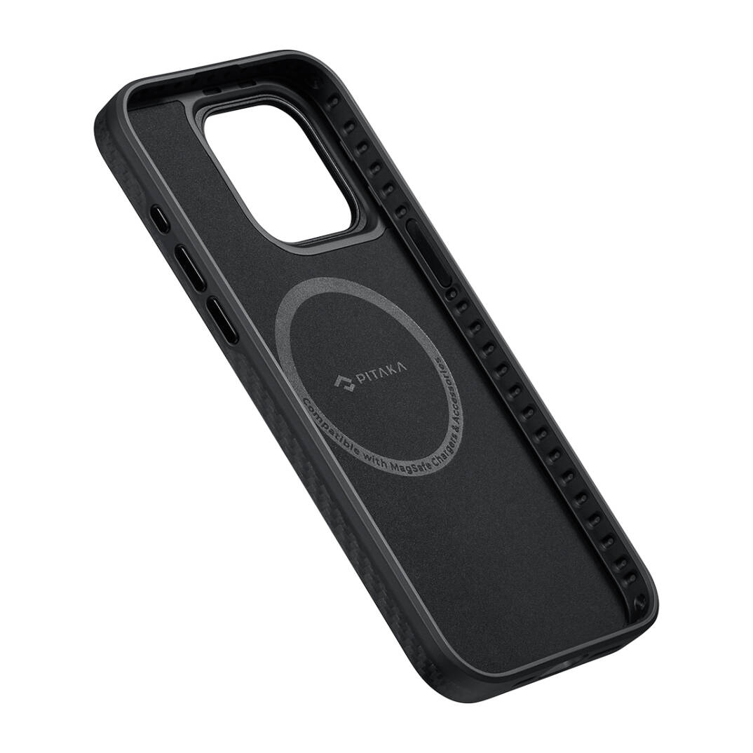 Apple iPhone 15 Pro Max Kılıf M-safe Şarj Özellikli 1500D Aramid Karbon Fiber Pitaka Military-Grade Classic Serisi Black-Grey Twill Kapak - 12