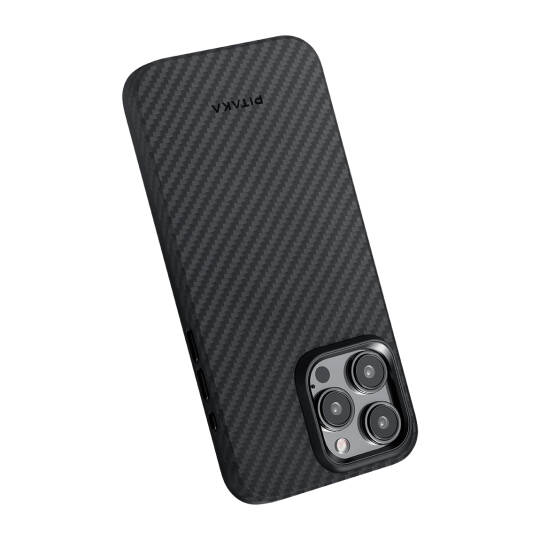 Apple iPhone 15 Pro Max Kılıf M-safe Şarj Özellikli 1500D Aramid Karbon Fiber Pitaka Military-Grade Classic Serisi Black-Grey Twill Kapak - 13