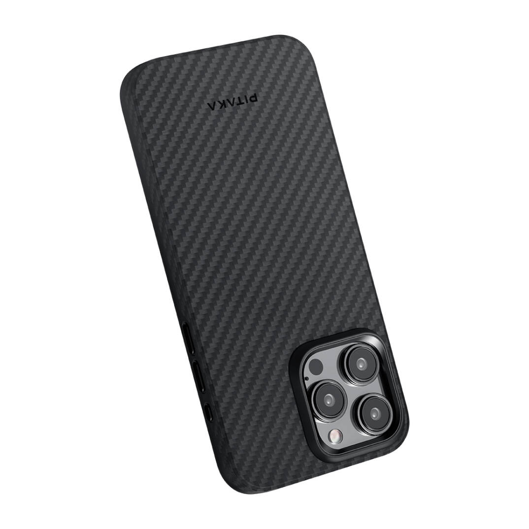 Apple iPhone 15 Pro Max Kılıf M-safe Şarj Özellikli 1500D Aramid Karbon Fiber Pitaka Military-Grade Classic Serisi Black-Grey Twill Kapak - 13