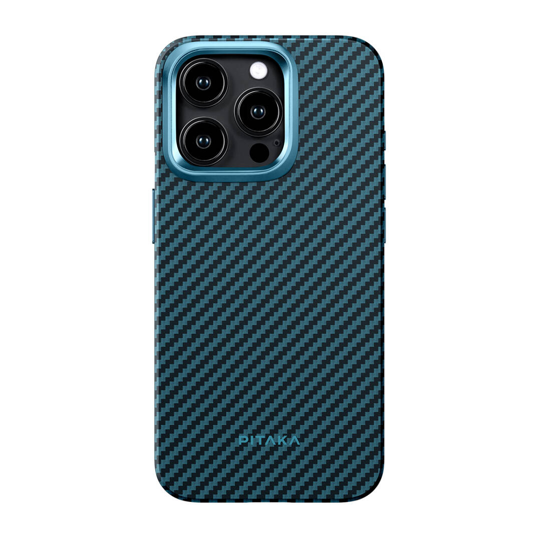 Apple iPhone 15 Pro Max Kılıf M-safe Şarj Özellikli 1500D Aramid Karbon Fiber Pitaka Military-Grade Classic Serisi Black-Grey Twill Kapak - 15