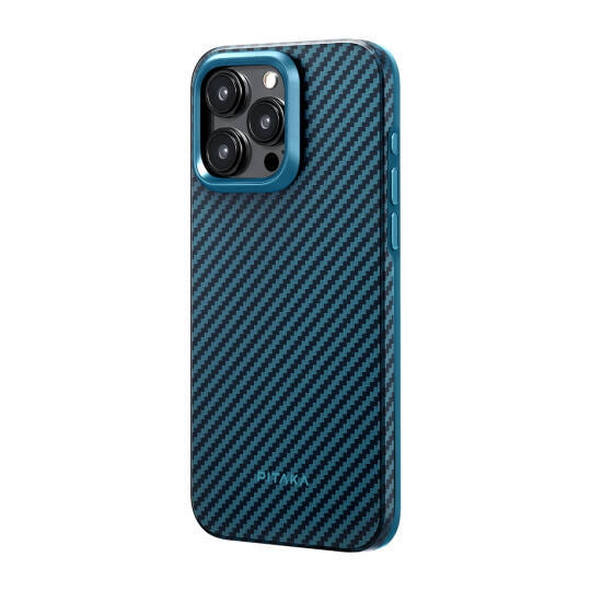 Apple iPhone 15 Pro Max Kılıf M-safe Şarj Özellikli 1500D Aramid Karbon Fiber Pitaka Military-Grade Classic Serisi Black-Grey Twill Kapak - 16