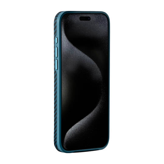 Apple iPhone 15 Pro Max Kılıf M-safe Şarj Özellikli 1500D Aramid Karbon Fiber Pitaka Military-Grade Classic Serisi Black-Grey Twill Kapak - 21