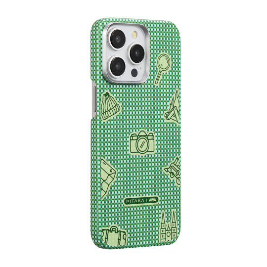 Apple iPhone 15 Pro Max Kılıf M-safe Şarj Özellikli Awa Tasarımlı 1500D Aramid Karbon Fiber Pitaka Ultra-Slim Classic Serisi Forest Kapak