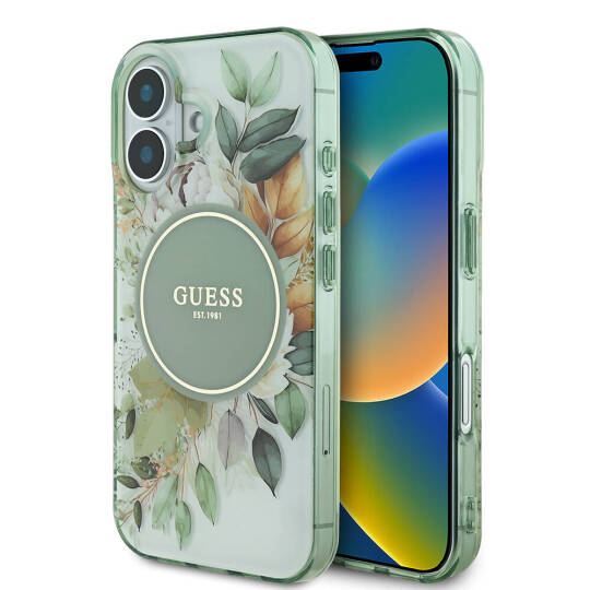 Apple iPhone 16 Kılıf Guess Orjinal Lisanslı M-safe Şarj Özellikli IML Baskılı Yazı Logolu Flower Tonal Circle Kapak - 3