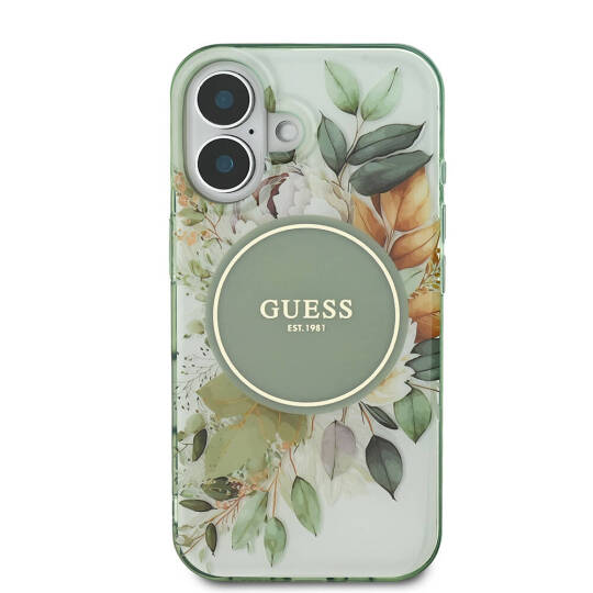 Apple iPhone 16 Kılıf Guess Orjinal Lisanslı M-safe Şarj Özellikli IML Baskılı Yazı Logolu Flower Tonal Circle Kapak - 5