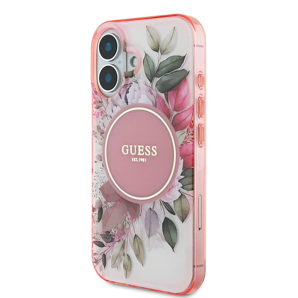 Apple iPhone 16 Kılıf Guess Orjinal Lisanslı M-safe Şarj Özellikli IML Baskılı Yazı Logolu Flower Tonal Circle Kapak - 11