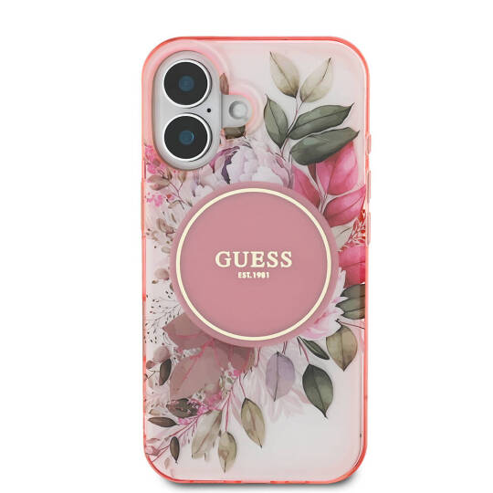 Apple iPhone 16 Kılıf Guess Orjinal Lisanslı M-safe Şarj Özellikli IML Baskılı Yazı Logolu Flower Tonal Circle Kapak - 12