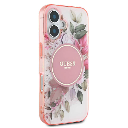 Apple iPhone 16 Kılıf Guess Orjinal Lisanslı M-safe Şarj Özellikli IML Baskılı Yazı Logolu Flower Tonal Circle Kapak - 13