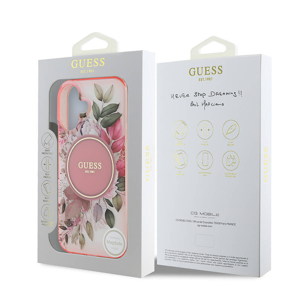 Apple iPhone 16 Kılıf Guess Orjinal Lisanslı M-safe Şarj Özellikli IML Baskılı Yazı Logolu Flower Tonal Circle Kapak - 17