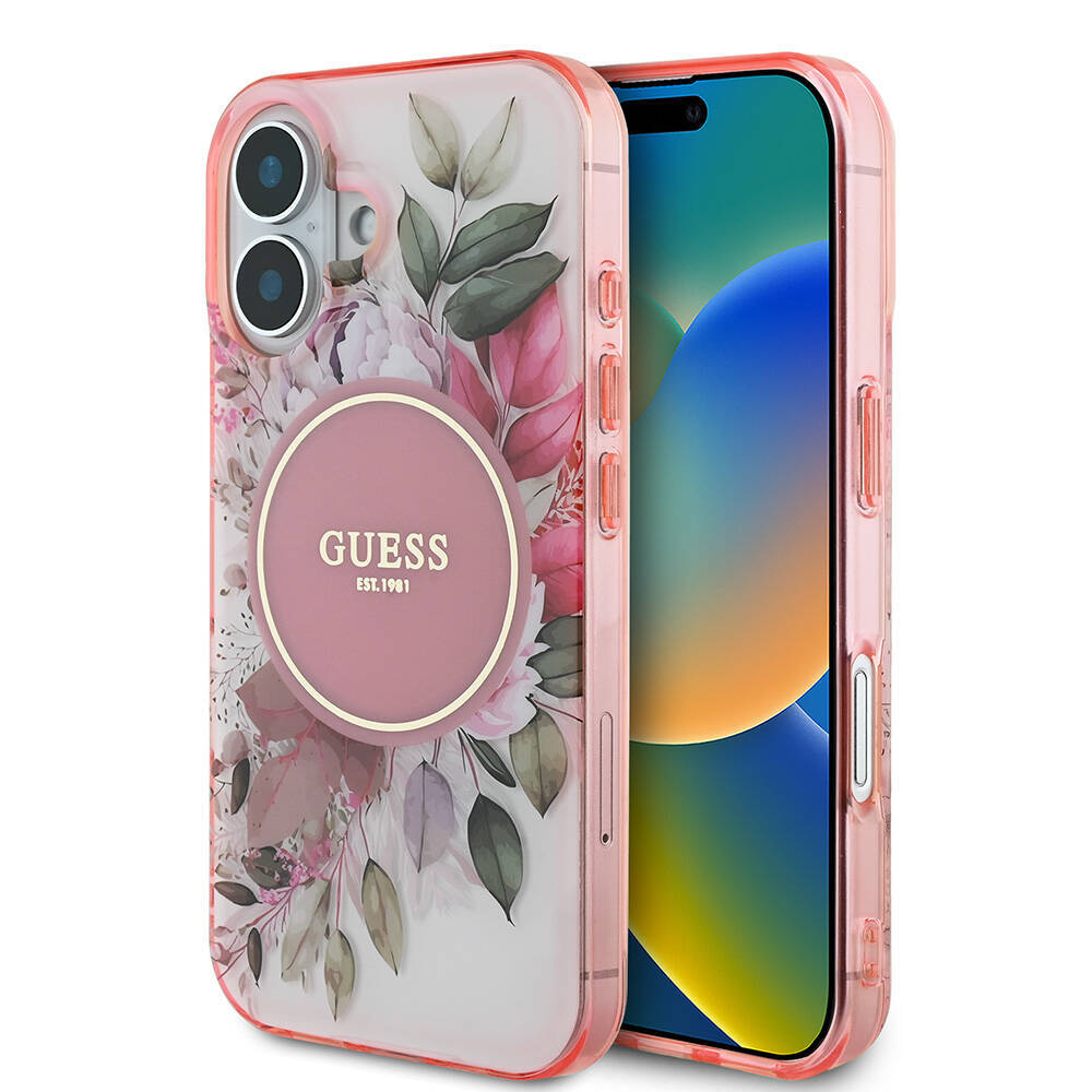 Apple iPhone 16 Kılıf Guess Orjinal Lisanslı M-safe Şarj Özellikli IML Baskılı Yazı Logolu Flower Tonal Circle Kapak - 1