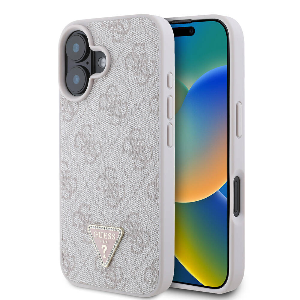 Apple iPhone 16 Kılıf Guess Orjinal Lisanslı M-safe Şarj Özellikli PU Deri 4G Desenli Taşlı Üçgen Logolu Kapak - 4