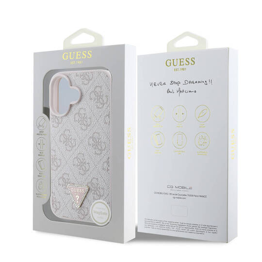 Apple iPhone 16 Kılıf Guess Orjinal Lisanslı M-safe Şarj Özellikli PU Deri 4G Desenli Taşlı Üçgen Logolu Kapak - 5