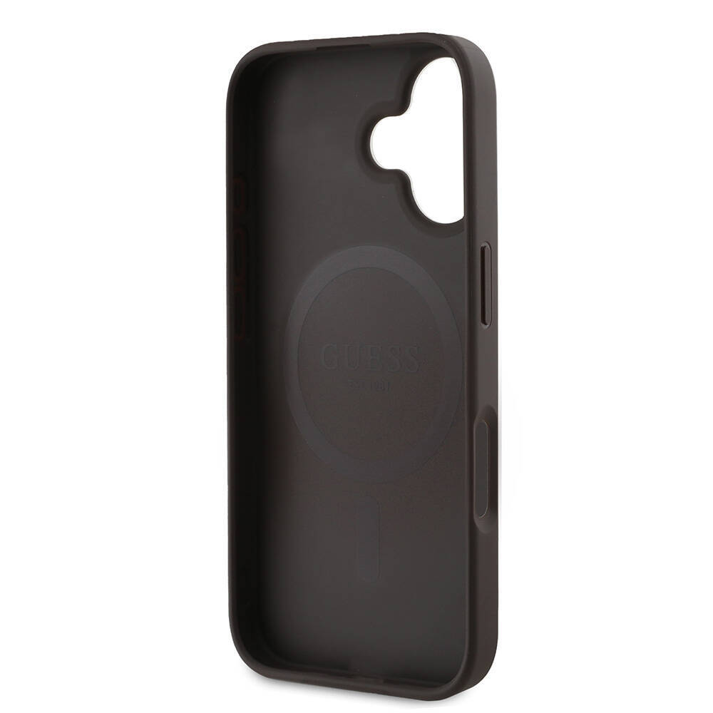 Apple iPhone 16 Kılıf Guess Orjinal Lisanslı M-safe Şarj Özellikli PU Deri 4G Desenli Taşlı Üçgen Logolu Kapak - 17