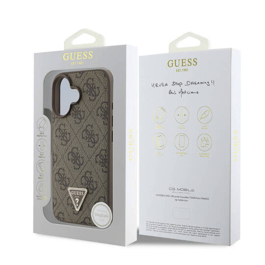 Apple iPhone 16 Kılıf Guess Orjinal Lisanslı M-safe Şarj Özellikli PU Deri 4G Desenli Taşlı Üçgen Logolu Kapak - 18
