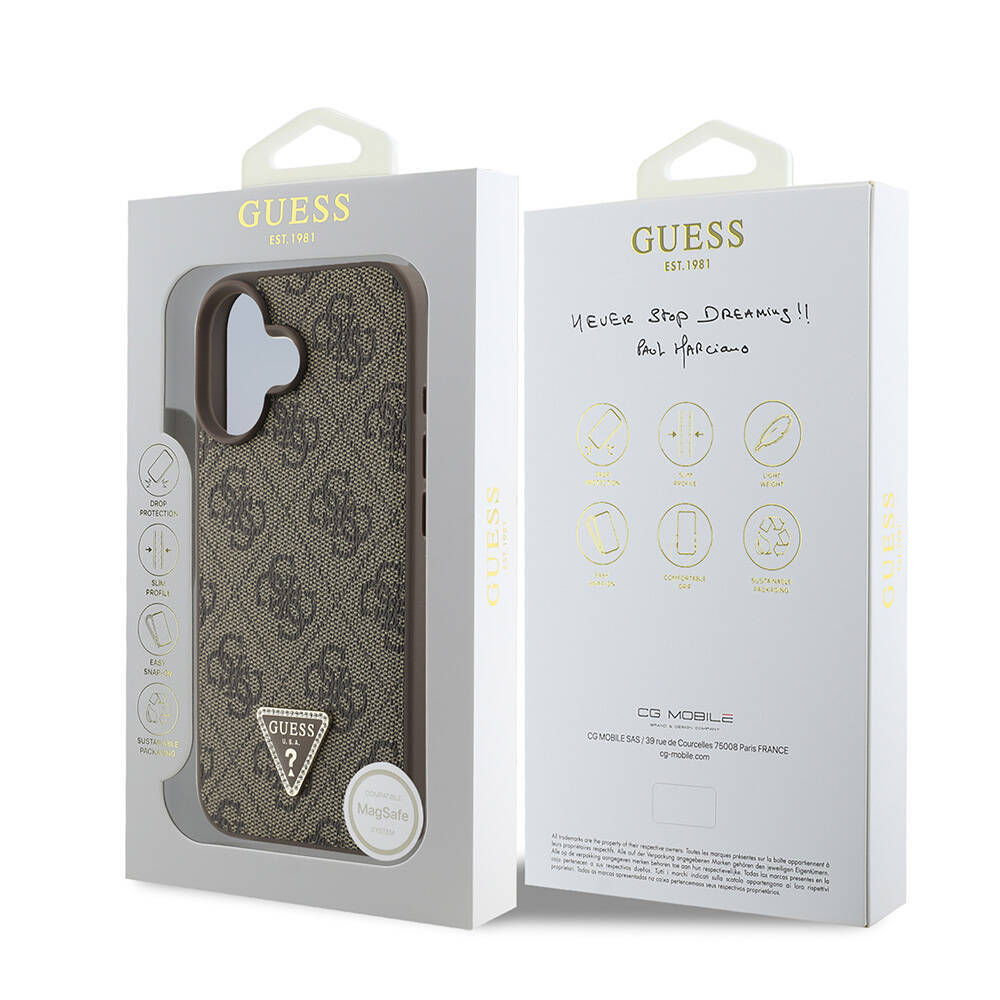 Apple iPhone 16 Kılıf Guess Orjinal Lisanslı M-safe Şarj Özellikli PU Deri 4G Desenli Taşlı Üçgen Logolu Kapak - 18