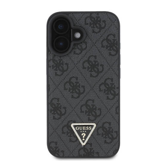 Apple iPhone 16 Kılıf Guess Orjinal Lisanslı M-safe Şarj Özellikli PU Deri 4G Desenli Taşlı Üçgen Logolu Kapak - 20